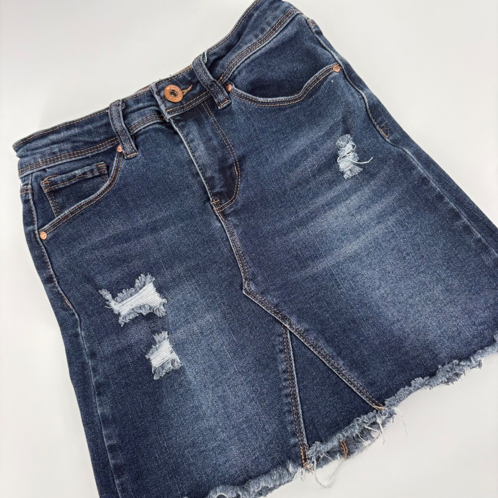 YMI Girl Dark Wash Distressed Denim Mini Skirt‎ Raw Hem Girls Size 7